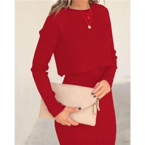 Women's 2 Piece Set Ribbed Knit Bodycon Midi Sweater Dress - Picture 3 of 5